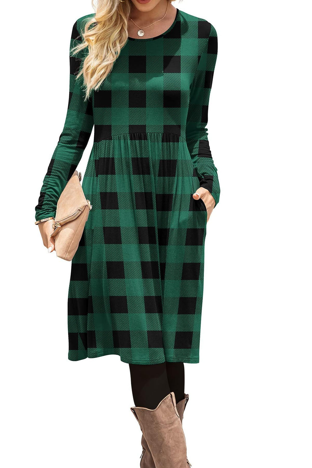 DB MOON Women Casual Long Sleeve Dresses Empire Waist Knee Length Loose Dress with Pockets (Green Plaid, XL)