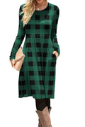 DB MOON Women Casual Long Sleeve Dresses Empire Waist Knee Length Loose Dress with Pockets (Green Plaid, XL)