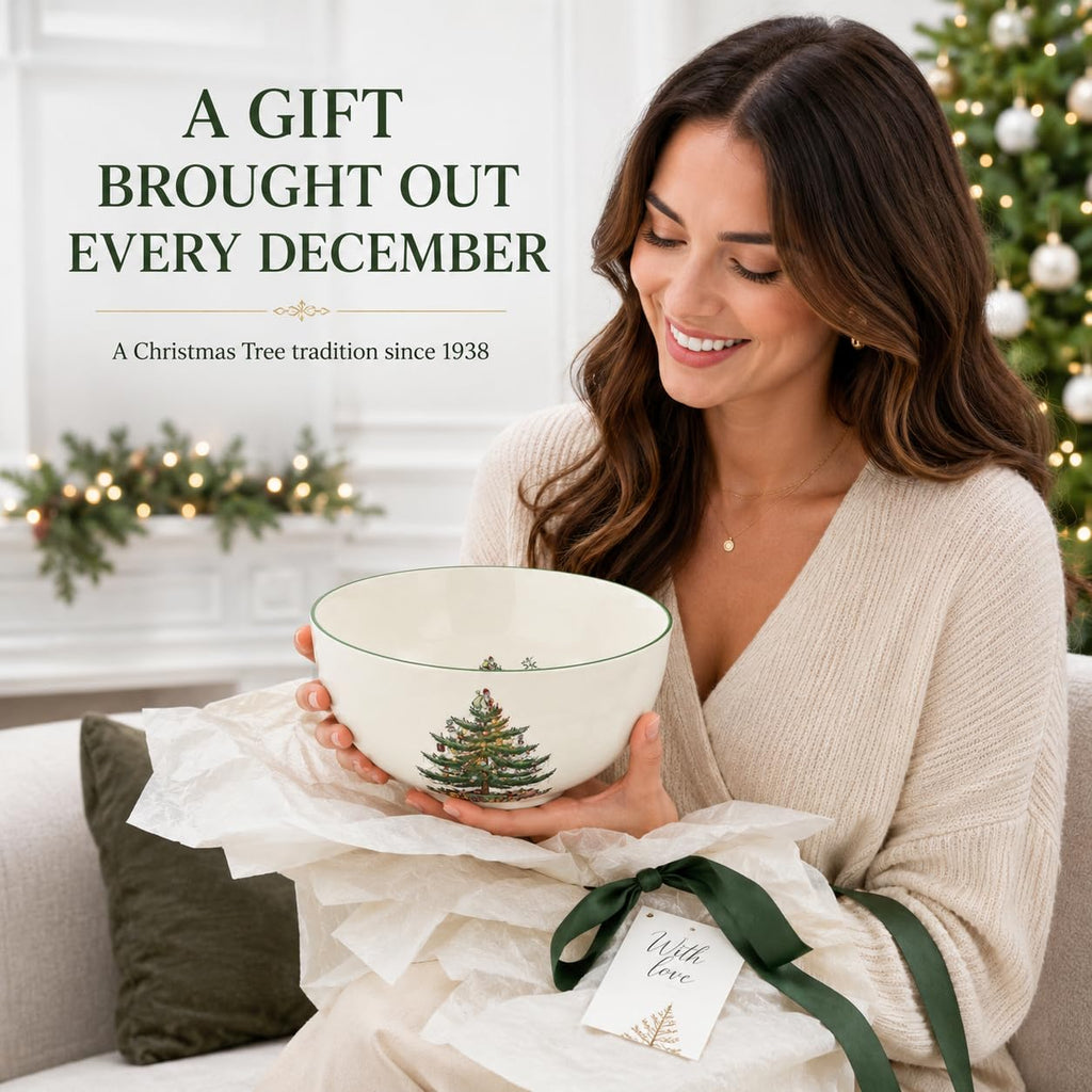 Spode Christmas Tree Large Round 10 Inch Bowl - Porcelain Serving Dish for Salad, Pasta, and Side Dishes - Iconic Holiday Design with Green Trim, Dishwasher, Microwave Safe - Festive Gatherings