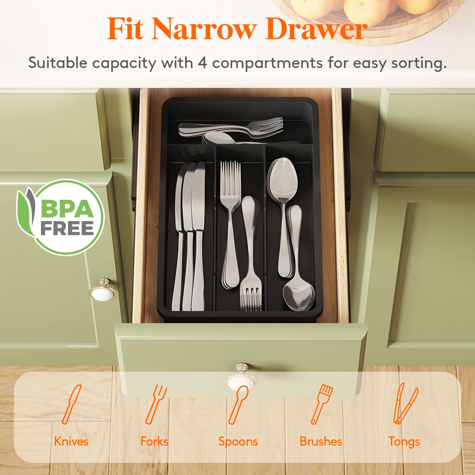 Lifewit Silverware Drawer Organizer Tray, Plastic Cutlery Storage for Kitchen, Flatware and Utensil Holder Divider for Spoons Forks Knives Tableware, 7.8 x 12.4", 4 Slots, Black