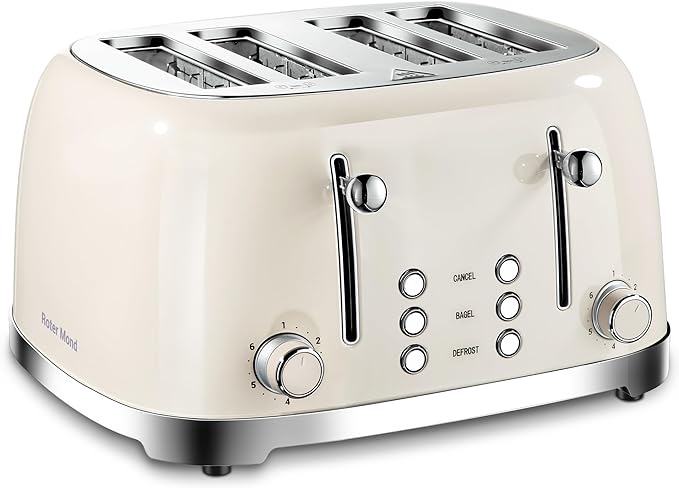 4 Slice Toaster Roter Mond Retro Stainless Steel with Bagel Defrost Cancel Function, 6 Browning Settings, Extre Wide Slot and Removable Crumb Tray, Cream, ST033