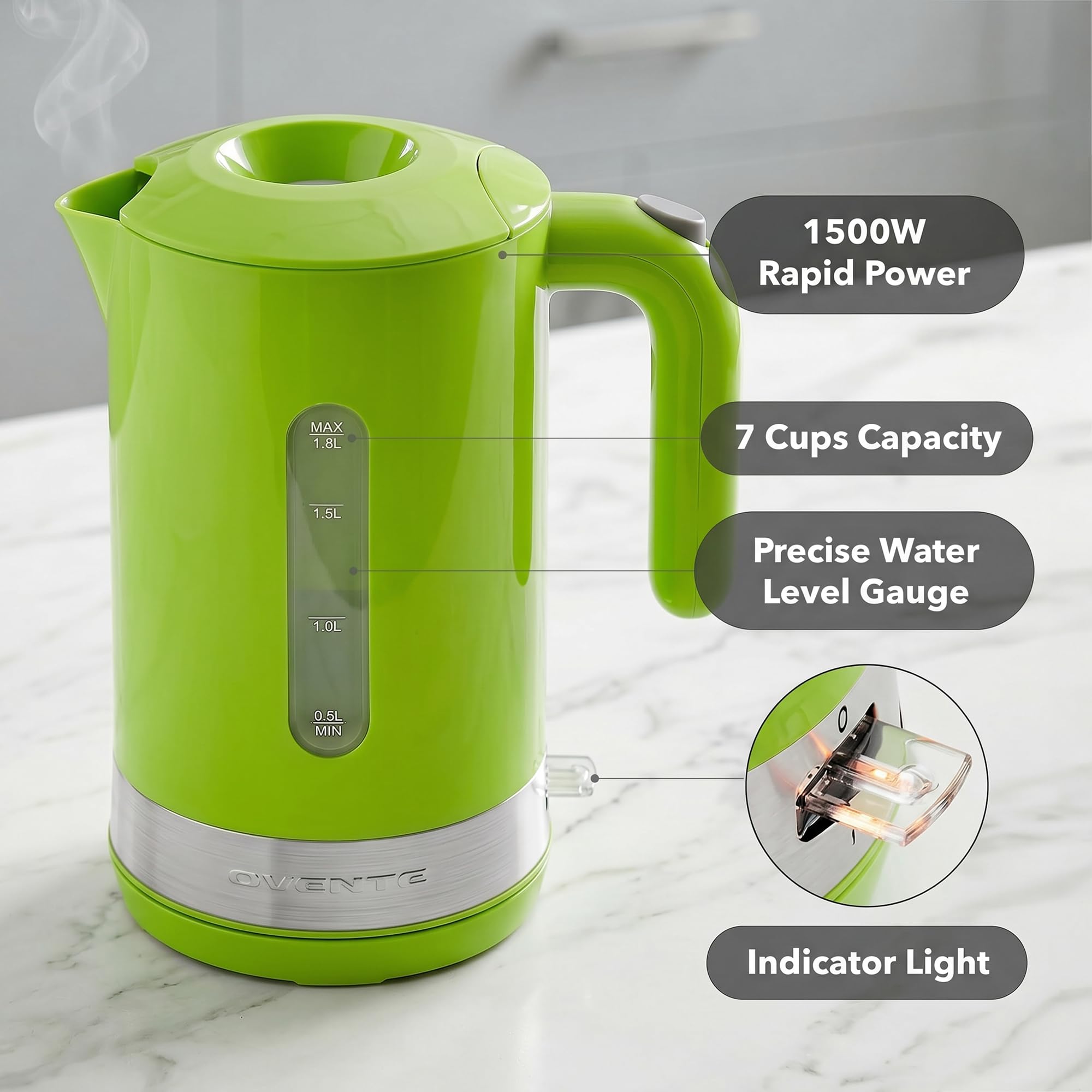 OVENTE 1.8L Electric Kettle with 1500W Fast Boiling Heater, Green KP413G