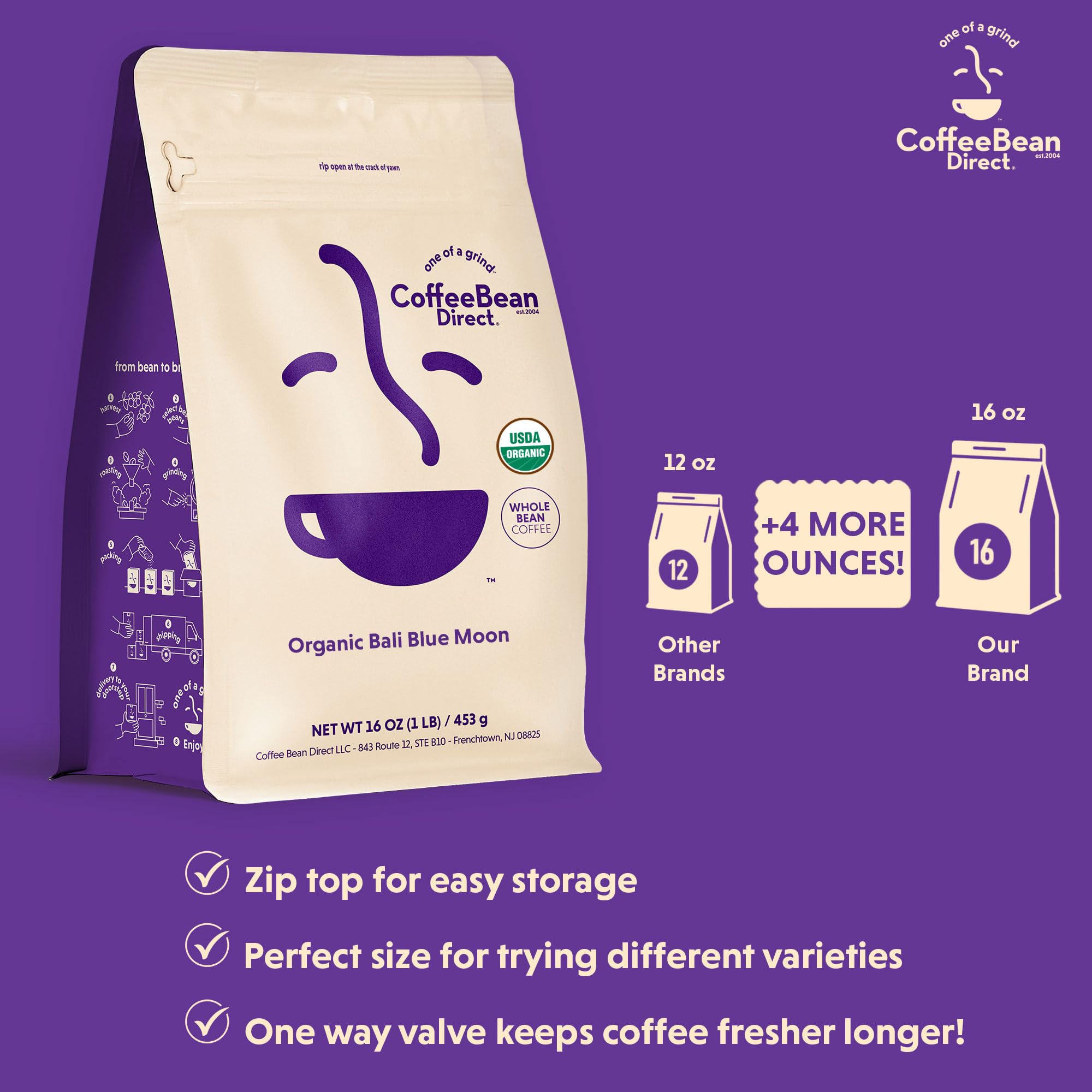 Coffee Bean Direct Organic Bali Blue Moon, Whole Bean, 1lb Bag