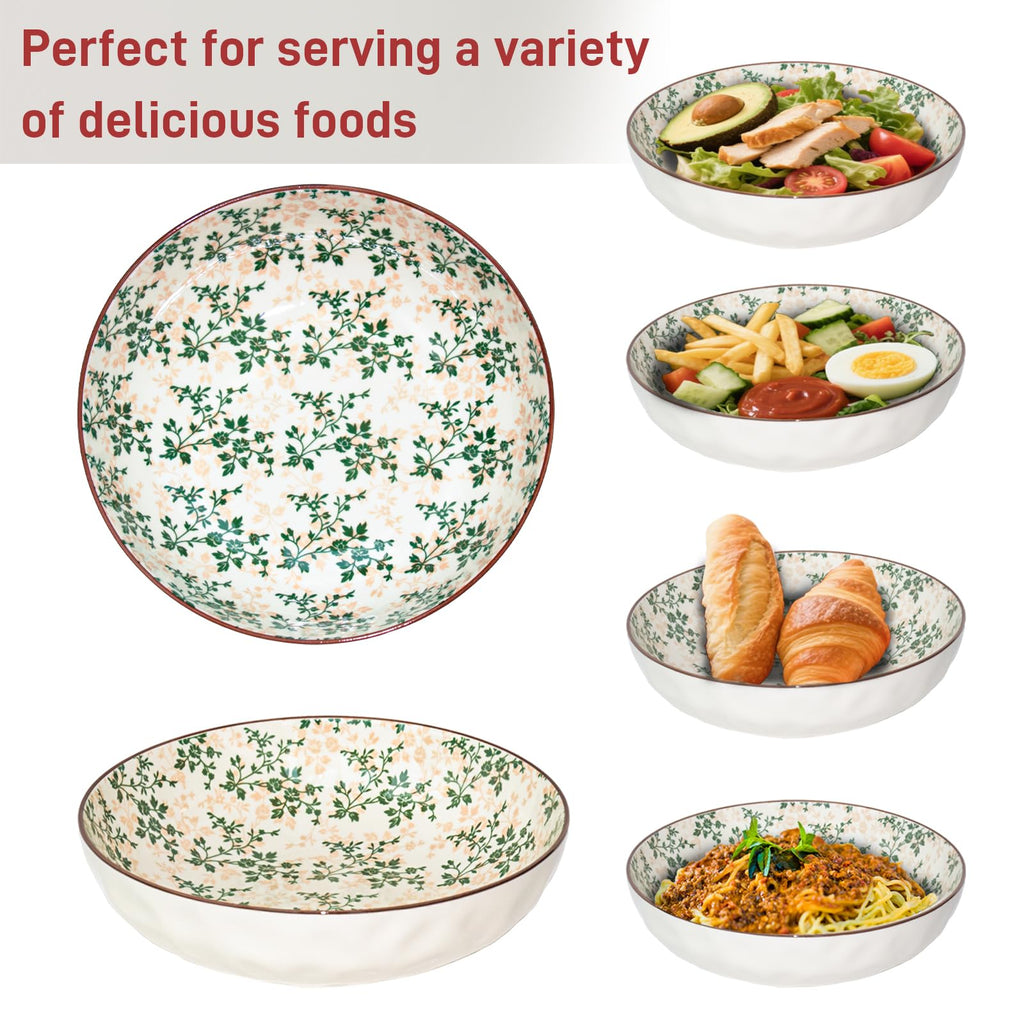 Ronanemon Large Serving Bowls, 78Oz Extra Large Salad Bowls Set of 2, Green Floral Pattern Design Decorative Bowls for Salad, Fruit, Pasta and Dinner, Serving Dishes Set for Party (Green Floral of 2)