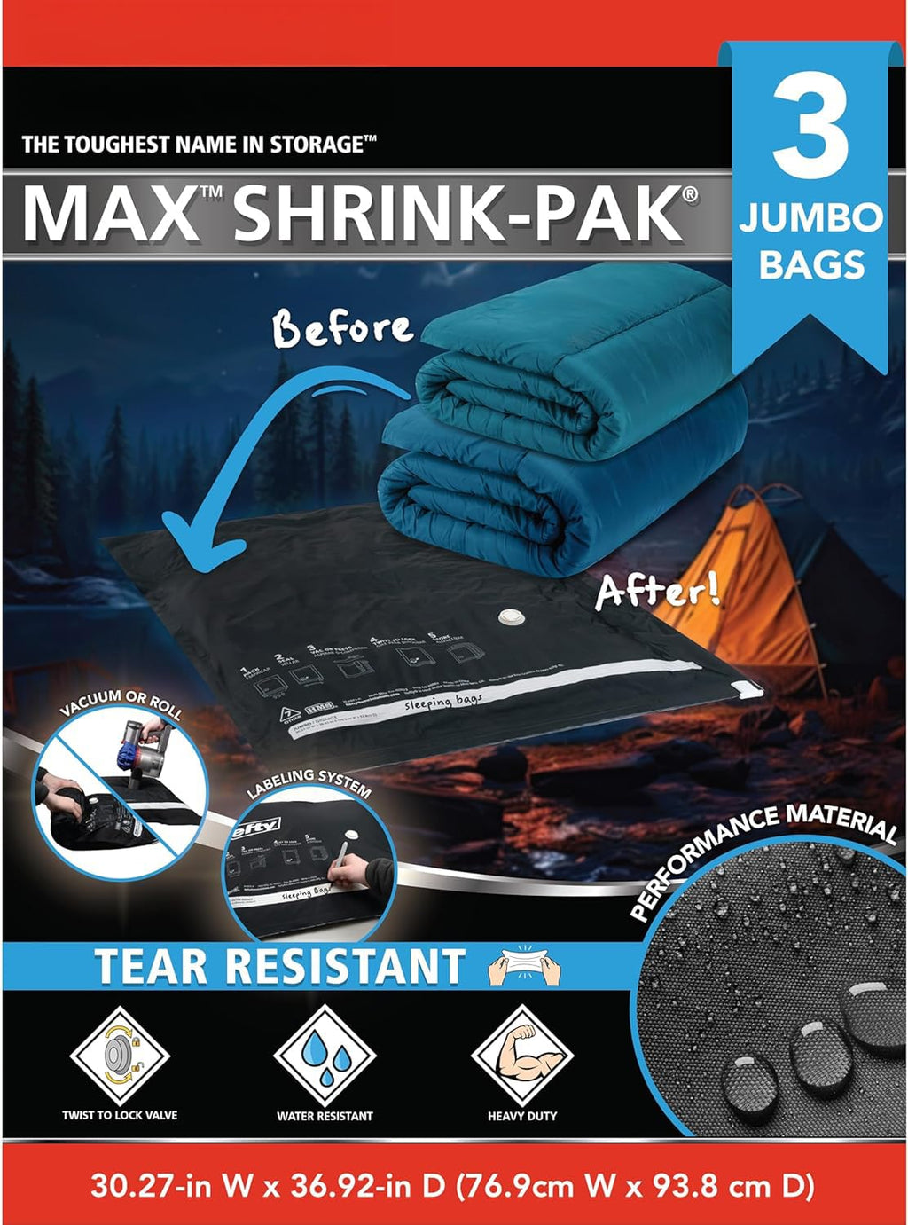 Shrink-Pak Vacuum Seal Storage Bags for Clothing, Travel, Bedding | Tear & Water Resistant, Dual-Valve Space Saver Compression Bags, Pump Included - Jumbo (30x36 Inch), 3-Pack