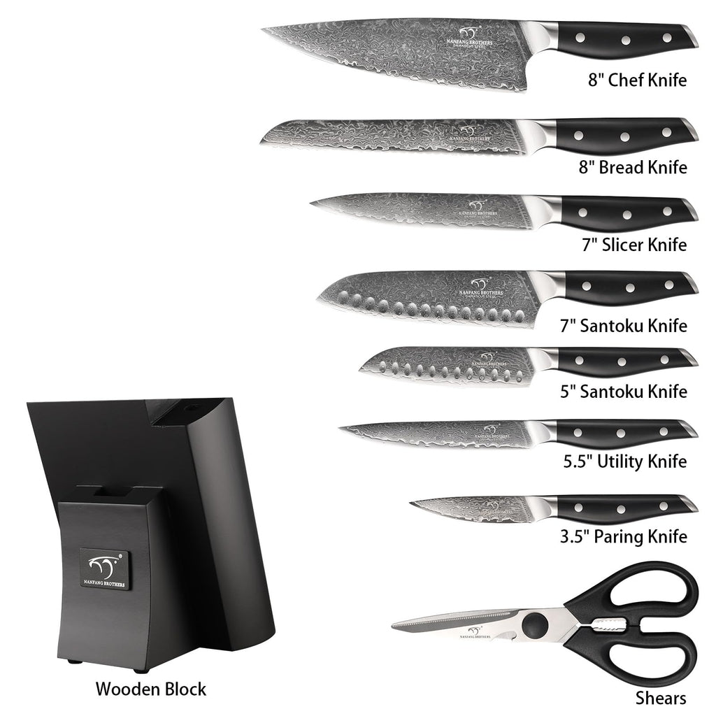 Damascus Knife Set with Block for Kitchen, VG10 Steel Chef Knife Set with Triple-Rivet Handles, Knife Sharpener, Natural Ash Wooden Knife Block, 10PCS