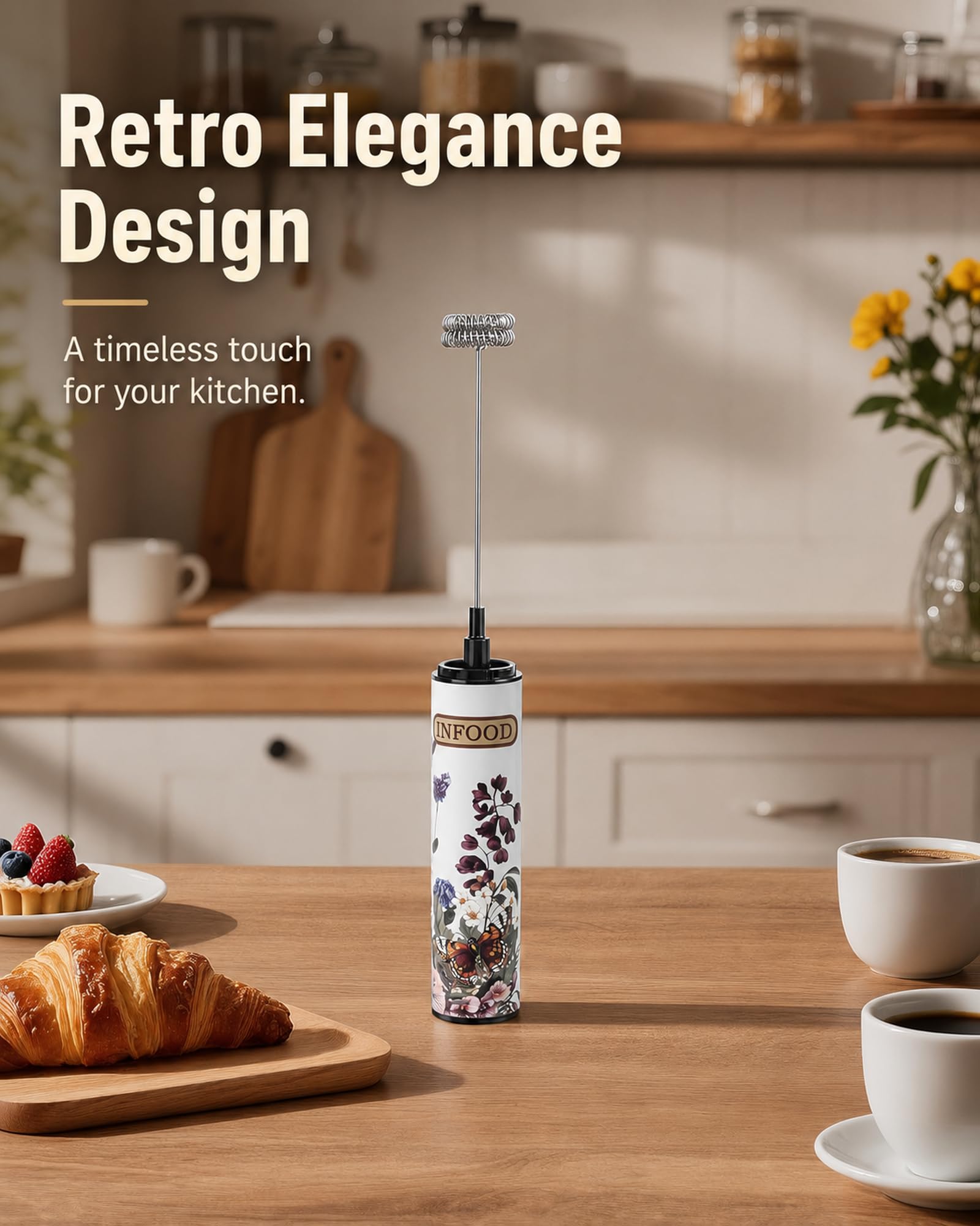 INFOOD Rechargeable Milk Frother with Cover, 2-Speed, 2 Whisks, Floral