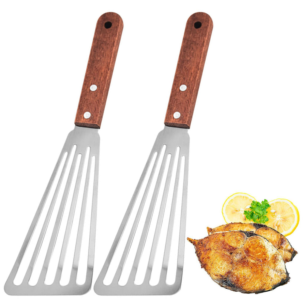 Stainless Steel Fish Spatula with Wooden Handle, Metal Spatula Flipping Foods, Slotted Fish Flipper, Brown 2 Pack