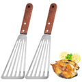 Stainless Steel Fish Spatula with Wooden Handle, Metal Spatula Flipping Foods, Slotted Fish Flipper, Brown 2 Pack