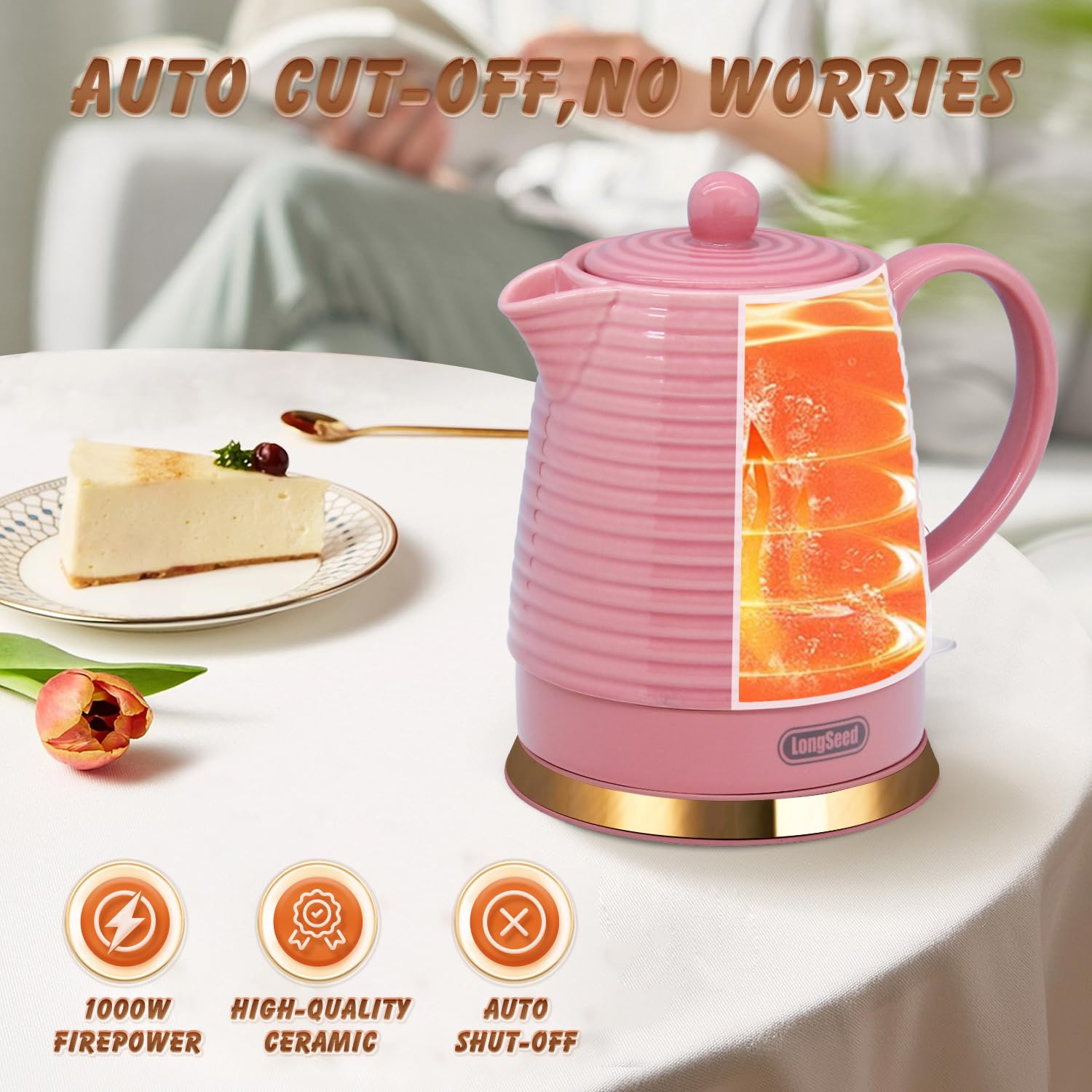 LONGSEED 1.2 Liters Ceramic Electric Kettle with Infuser & Mug Set,1000W Fast Boil Water for Tea Coffee, Teapot with Boil-Dry Protection Auto Shut Off, Detachable Swivel Base