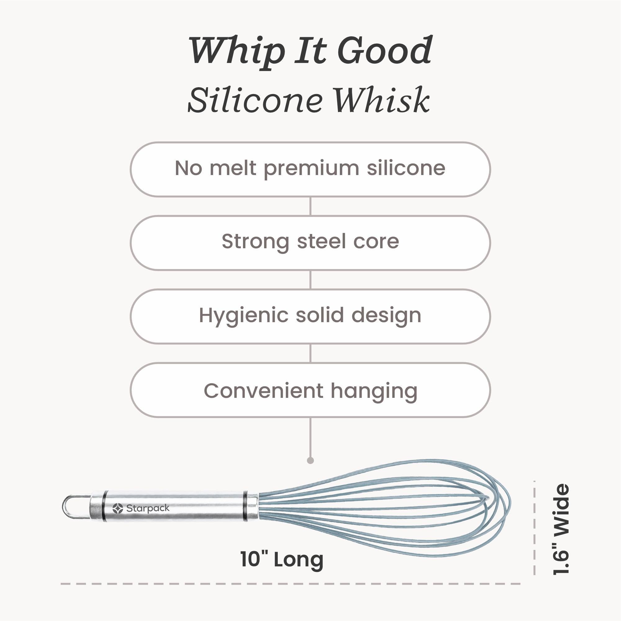 Starpack 'Whip it Good' Silicone Whisk for Nonstick Cookware - Non Scratch, 9.8" Whisk Heat Resistant 600°F - Kitchen Whisks for Cooking, Baking & Stirring - Silicone Coated Durable Rubber Egg Whisks