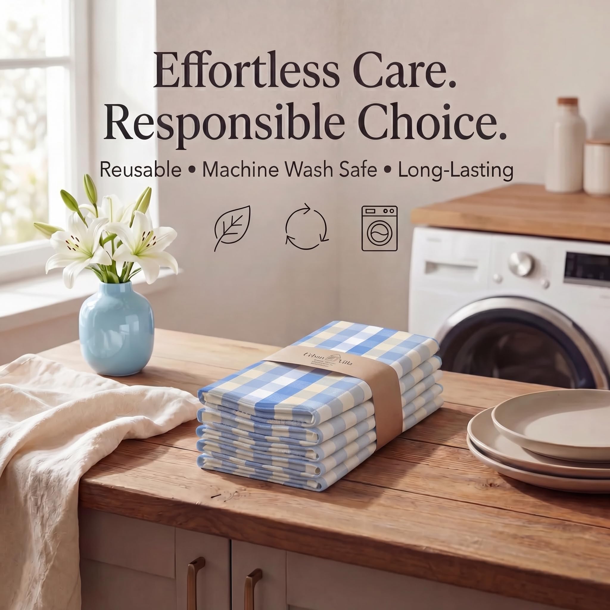 Urban Villa Cloth Napkins 100% Cotton Highly Absorbent Washable Reusable Premium Dinner Napkins Ideal for Gifts for Mothers Day Hotel Farmhouse Parties - Blue Sand Checks (20" x 20", Set of 12)