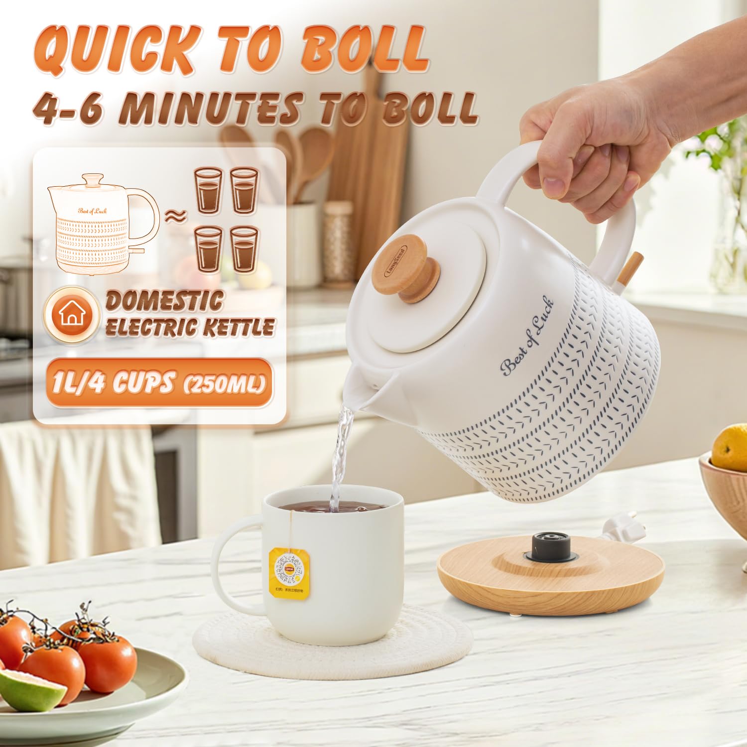 LONGSEED Ceramic Electric Kettle 1 Quarts, Hot Water Boiler Electric Kettles, Tea Pot with LED Light, Boil Dry Protection, Short Spout 1000W Fast Boil, Automatic Shut-off