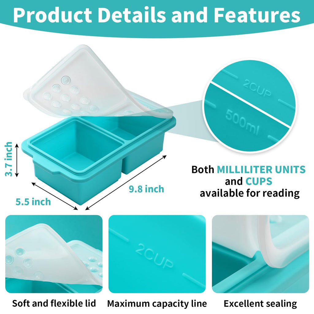 EuChoiz 2 Pack Silicone Freezer Tray Cubes 2 Cup with Date Mark Lids for Freezing Food Leftovers Sauces Portion and Lasagna Broth, Soup Freezer Molds for Meal Prepping Thick Enough