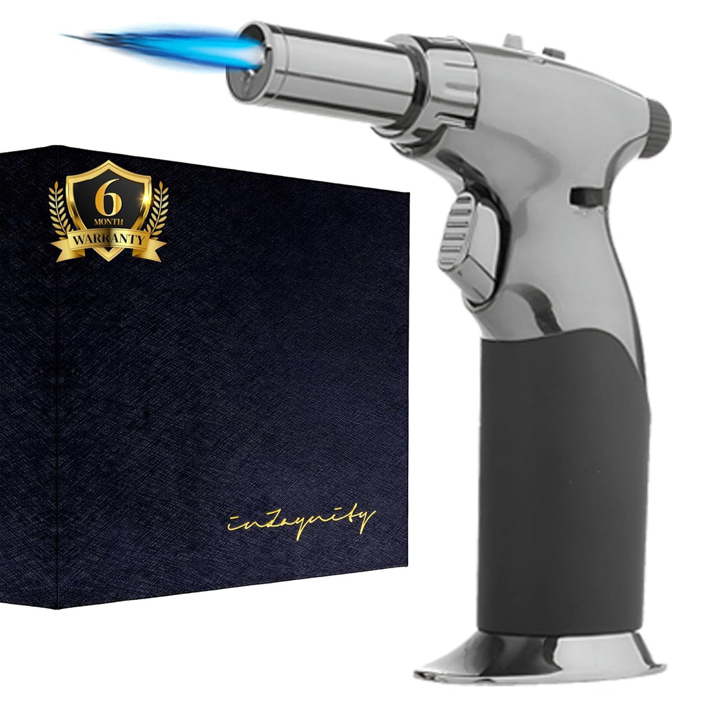inZaynity® Dual Flame Butane Torch Lighter – Refillable Kitchen Torch with Adjustable Flame & Ignition Lock for Cooking, Crème Brûlée, Soldering, Resin Art & More – Brown Steel