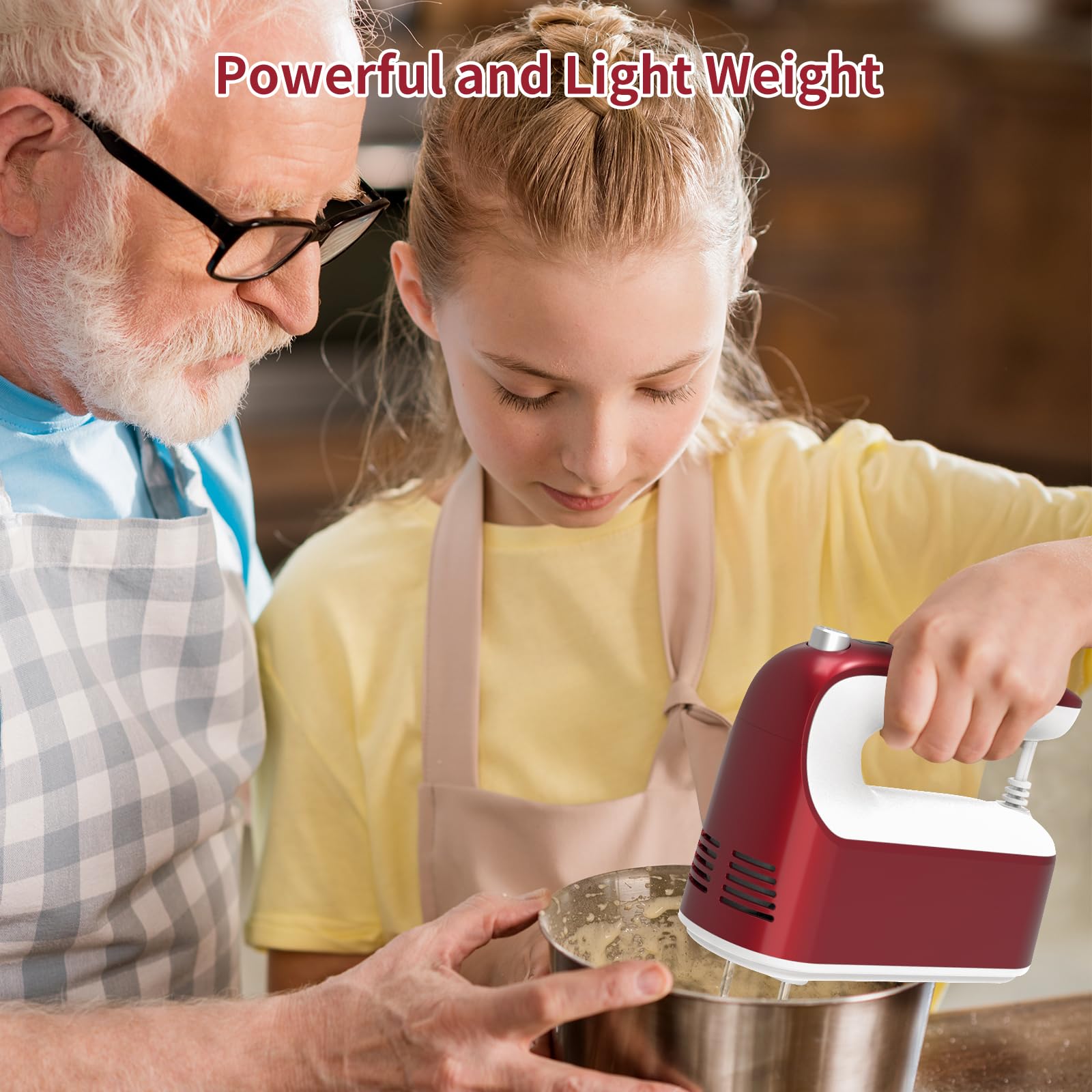 Yomelo 9-Speed Digital Hand Mixer Electric, 400W Powerful DC Motor, Hand Mixer Electric Handheld with Snap-On Storage Case, 5 Stainless Steel Accessories, Beaters, Dough Hooks, Whisk(Red/White)