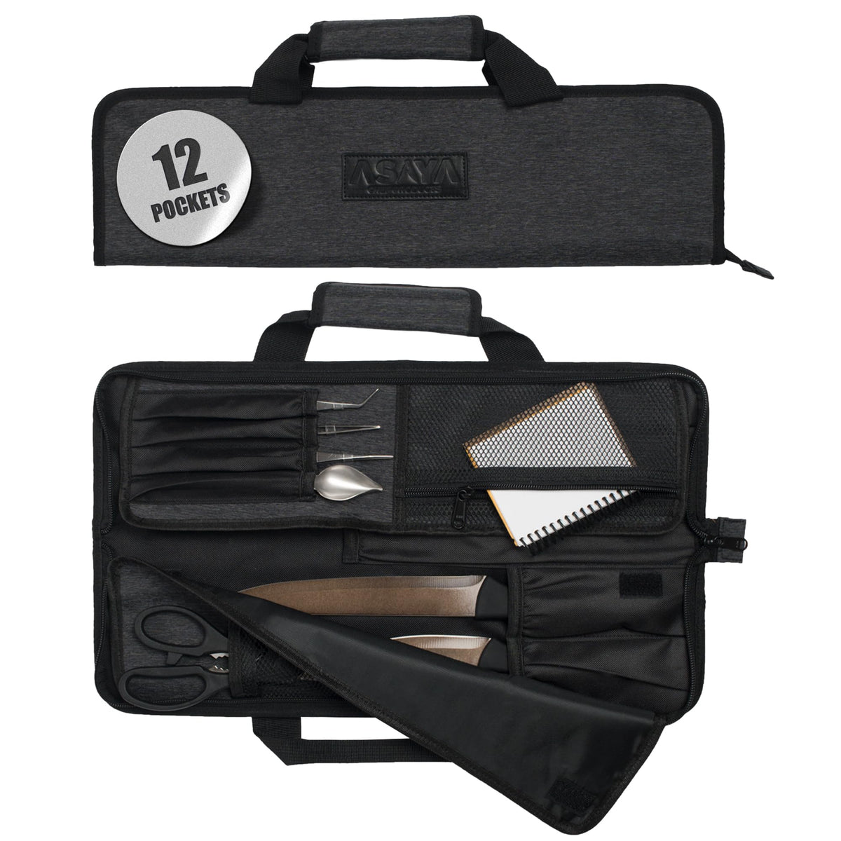 Asaya Chef Knife Roll Bag - 12-Pocket Chefs Case for Kitchen Knives and Utensils, Lightweight Stain-Resistant Waxed Nylon Chef Knife Bag - Knives Not Included (Grey)