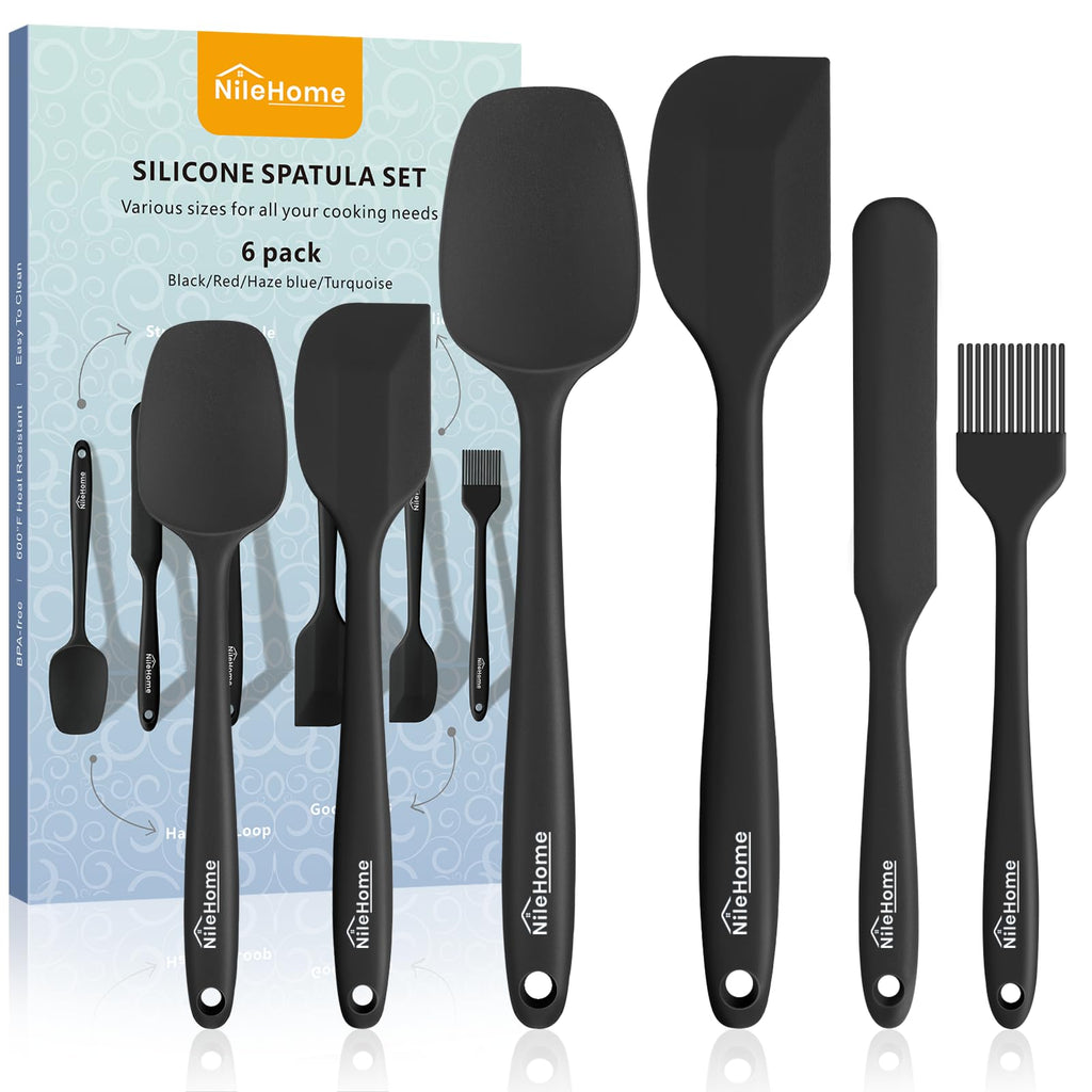 NileHome Silicone Spatula Set, 6 Pieces Food Grade Kitchen Utensils with Silicone Brush Heat Resistant Up to 600°F Dishwasher Safe BPA-Free Rubber Spatula for Scraping, Baking, Cooking, Mixing-Black