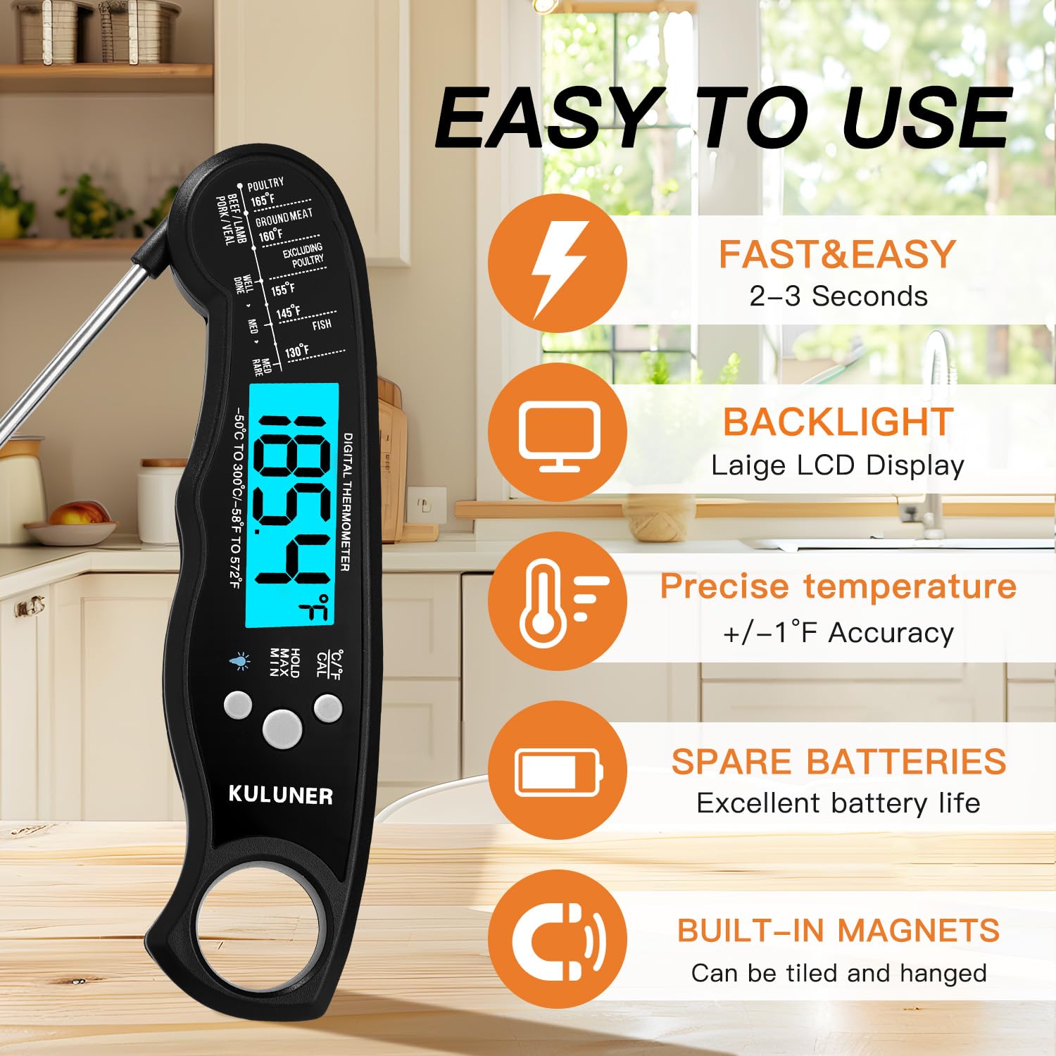 KULUNER Digital Meat Thermometer Instant Read, Waterproof Probe with Backlight & Calibration, Ultra Fast 2-3s Reading, Stainless Steel Kitchen Food Thermometer for Grilling BBQ Cooking Candy - Black