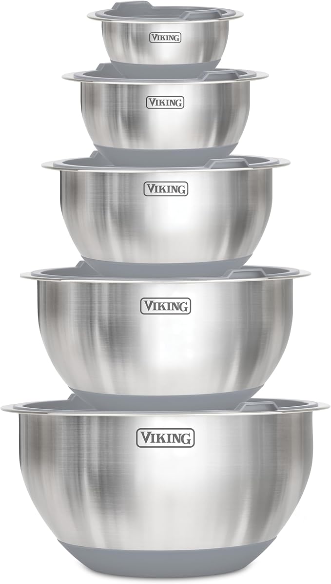 Viking Mixing Bowls Set, 10 Piece Stainless Steel Kitchen Cookware, Non-Slip Silicone Base, Includes Tight Fit Lids, Dishwasher Safe