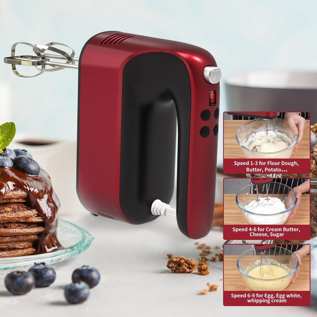 Yomelo 9-Speed Digital Hand Mixer Electric, 400W Powerful DC Motor, Hand Mixer Electric Handheld with Snap-On Storage Case, 5 Stainless Steel Accessories, Beaters, Dough Hooks, Whisk(Red)