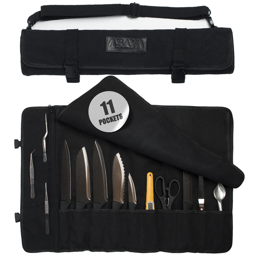 Asaya Waxed Canvas Chef Knife Roll Bag with 10 Slots and a Zipper Pocket - Professional Chef Knife Bag & Storage Case, with Shoulder Strap - Knives Not Included (Forest Green)