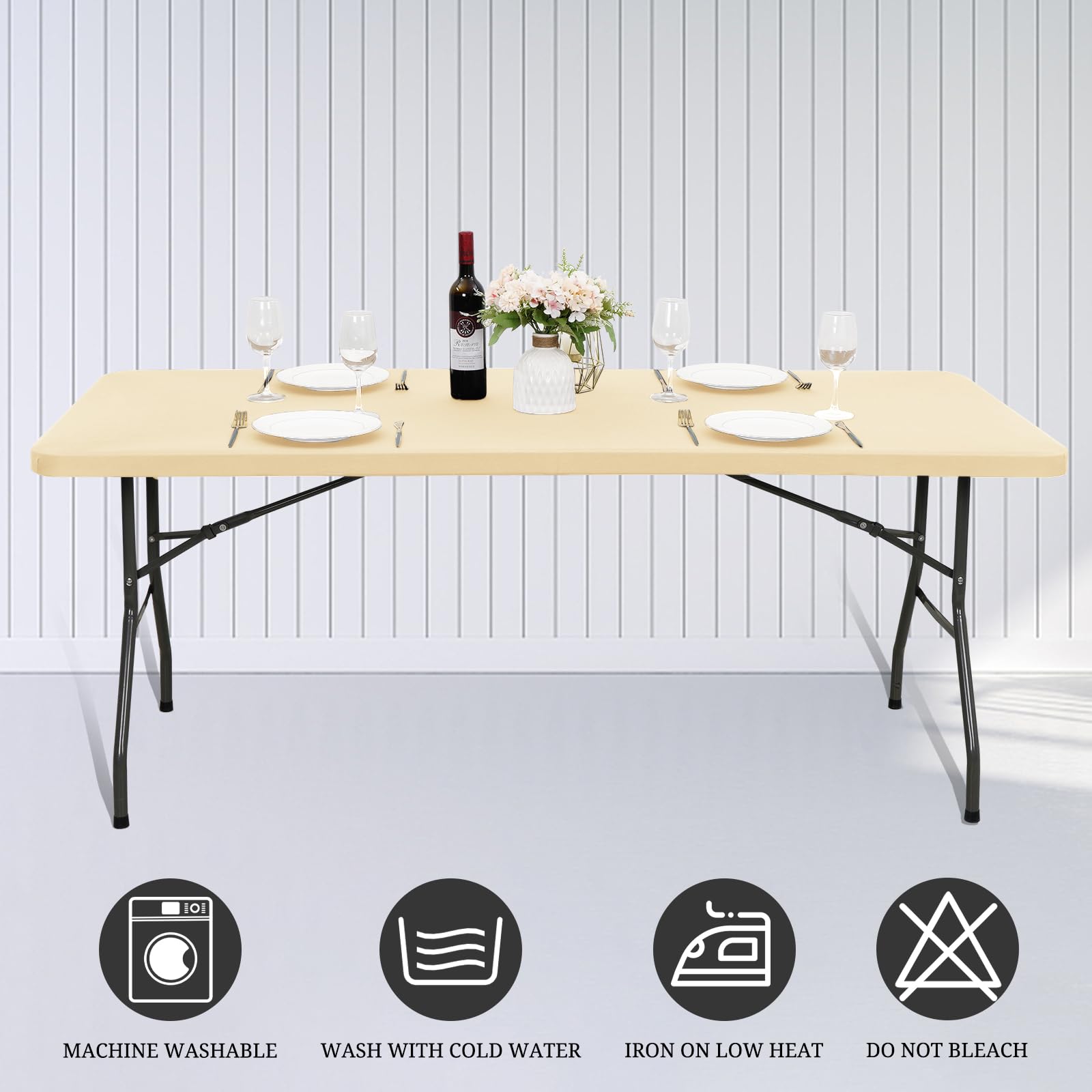 REWOMC 6 Pack Stretch Fabric Table Top Cap Cover, fits 6' Tables, Spandex Table Covers Washable Elastic Rectangle Tablecloth Protector for Indoor Outdoor Party Picnic Wedding, Beige, 30" W x 72" L