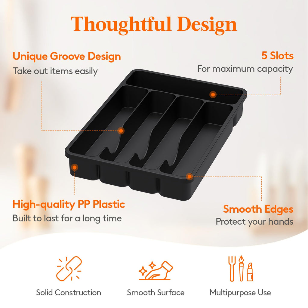 Lifewit Silverware Drawer Organizer Tray, Plastic Cutlery Storage for Kitchen, Flatware and Utensil Holder Divider for Spoons Forks Knives Tableware, 9.1 x 12.6", 5 Slots, Black