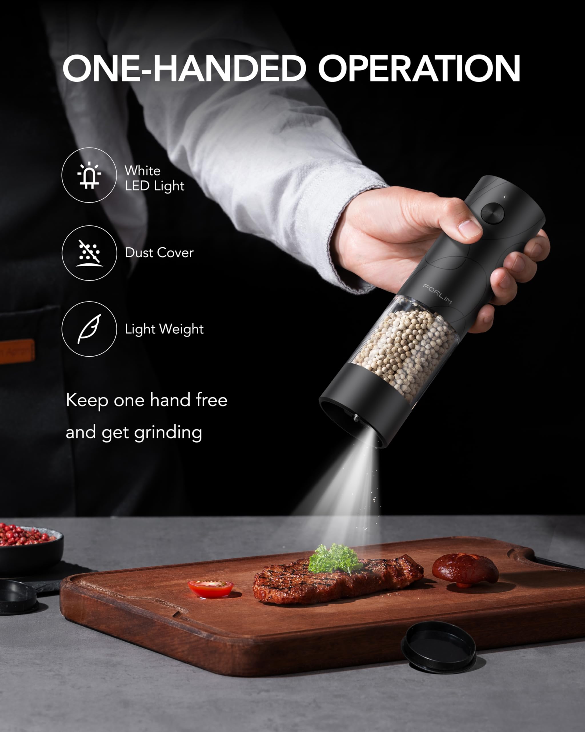 FORLIM Electric Salt & Pepper Grinder Set, Rechargeable 2 Pack, Black White