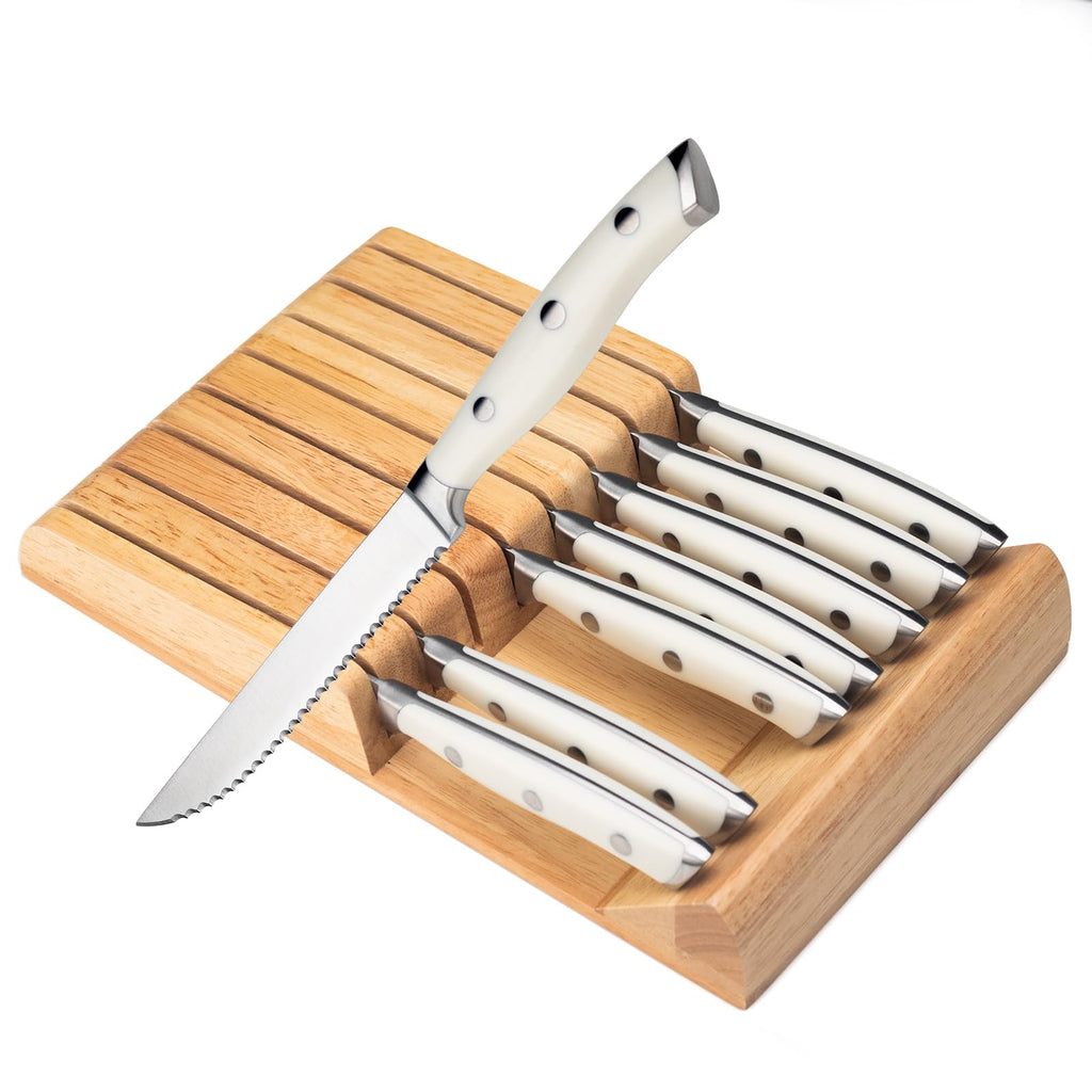 Alata 8-Piece Steak Knives Set with Block, Full-Tang Serrated Sharp Knives