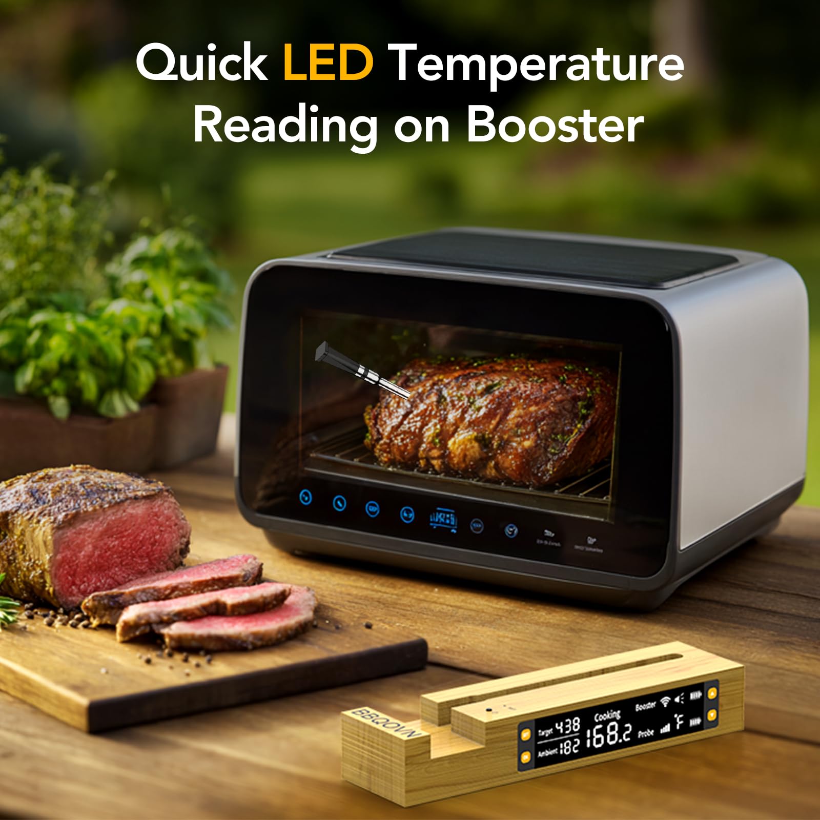 BBQOVN WiFi Sub-1G Wireless Meat Thermometer Unlimited Range, Check Temp Anywhere,7 NIST Certified Sensors with Ambient Temp, Monitor for BBQ, Grill, Oven, Smoker, Air Fryer (Harvest Bamboo)
