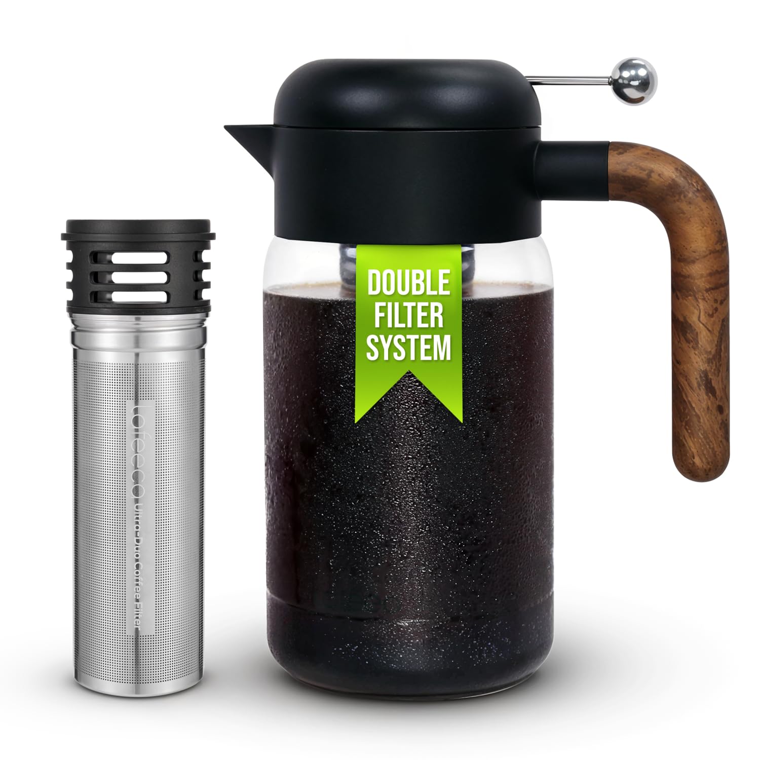 LAFEECA Cold Brew Coffee Maker - Iced Tea Brewer with Airtight Lid - Stainless Dual Ultra Filter - Tritan Pitcher - 1500 ml / 51 oz - Black