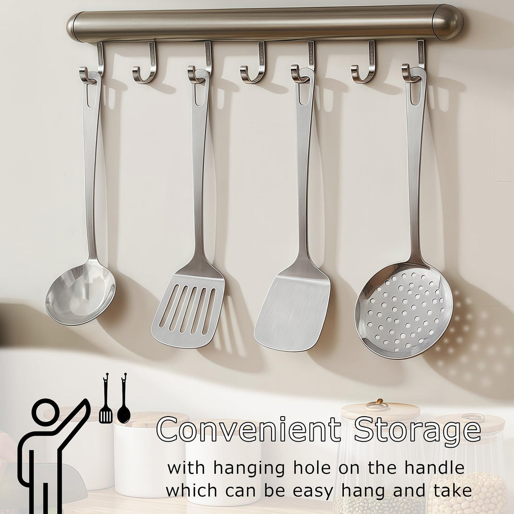 4pcs Cooking Utensils Set - Stainless Steel Kitchen Utensils, Heavy Duty Metal Kitchen Tools with Stainless Steel Spatula Solid & Slotted Turner, Ladle, Skimmer, Dishwasher Safe Easy to Clean