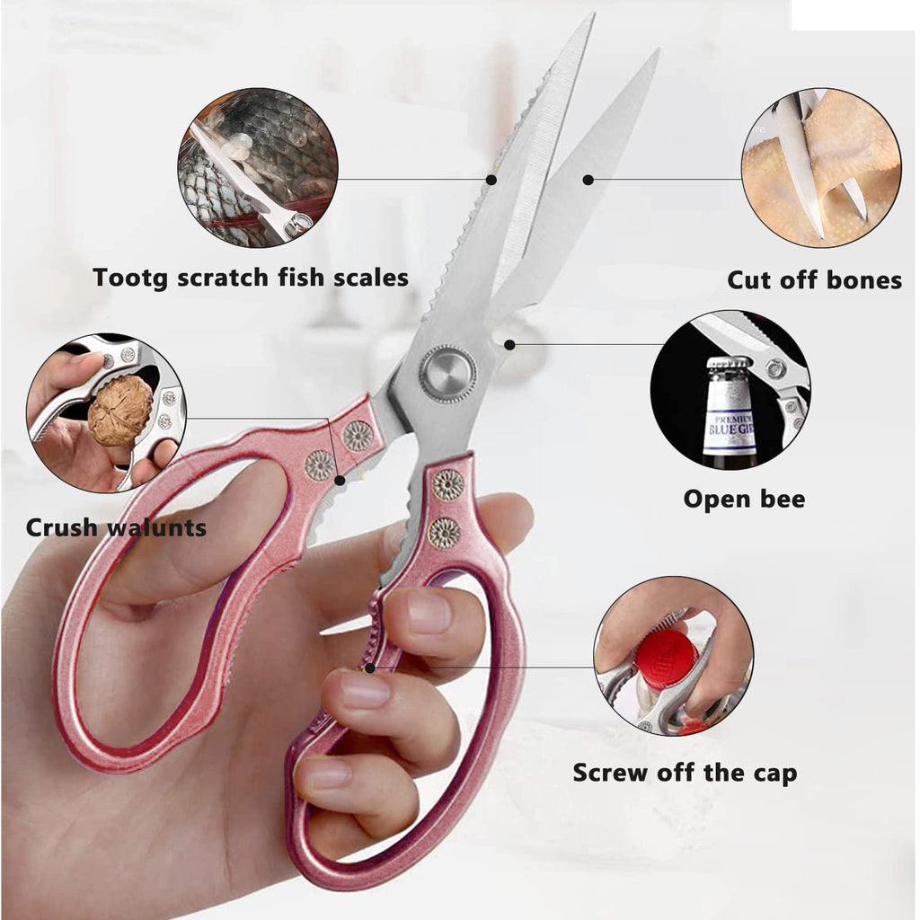 AWinjoy Kitchen Scissors, Heavy Duty Sharp Shears Dishwasher Safe, Rose Gold Cooking Accessories for Meat, Chicken, Fish, Poultry, Herb, Bread