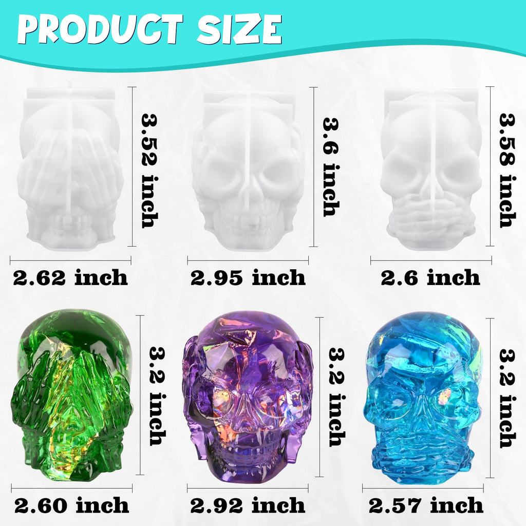 Actvty Skull Resin Molds, 3 Pieces Hear-no, Speak-no, See-no Evil Skull Silicone Molds for Resin Casting, 3D Skull Epoxy Molds for DIY Resin Crafts, Halloween Home Decor, translucent