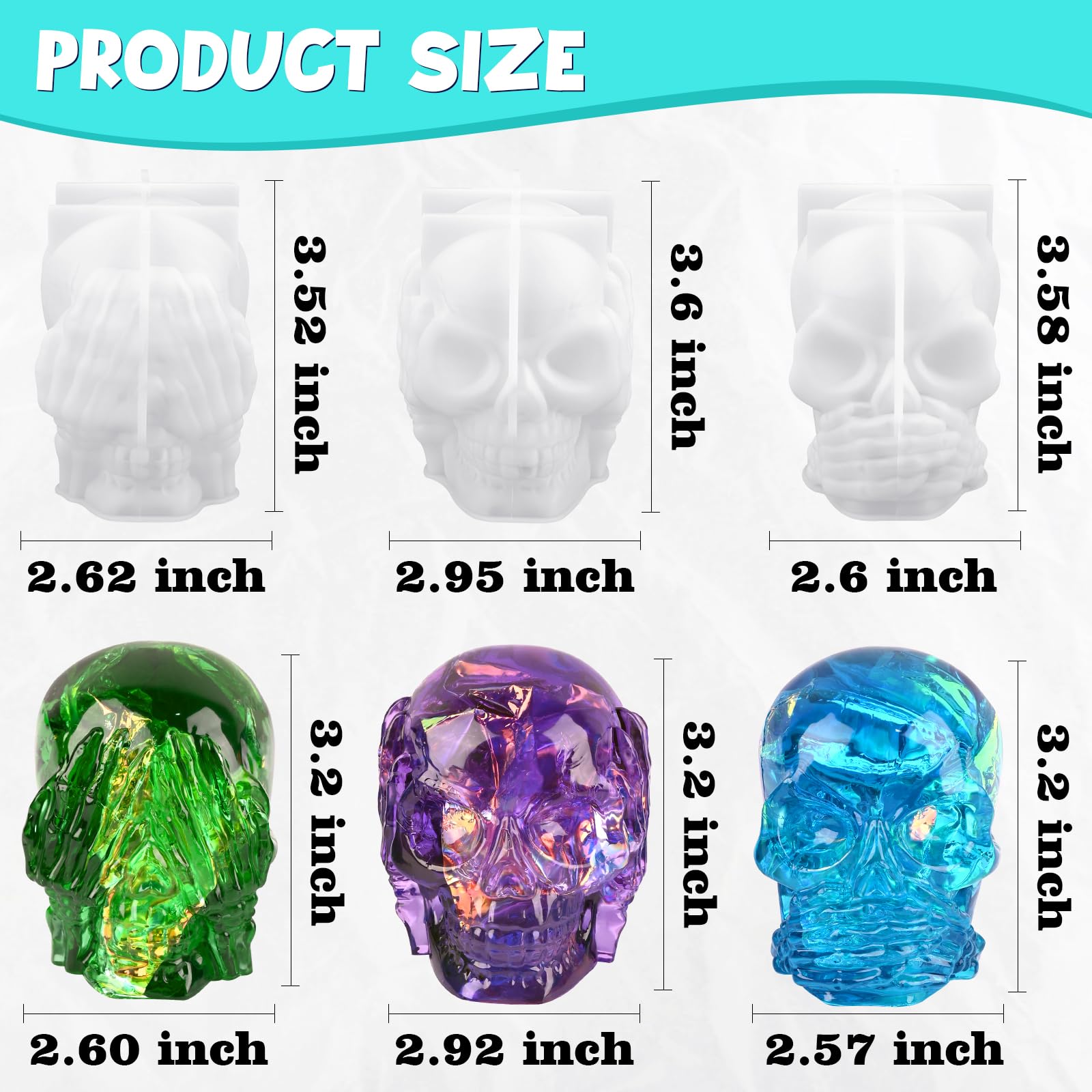 Actvty Skull Resin Molds, 3 Pieces Hear-no, Speak-no, See-no Evil Skull Silicone Molds for Resin Casting, 3D Skull Epoxy Molds for DIY Resin Crafts, Halloween Home Decor, translucent