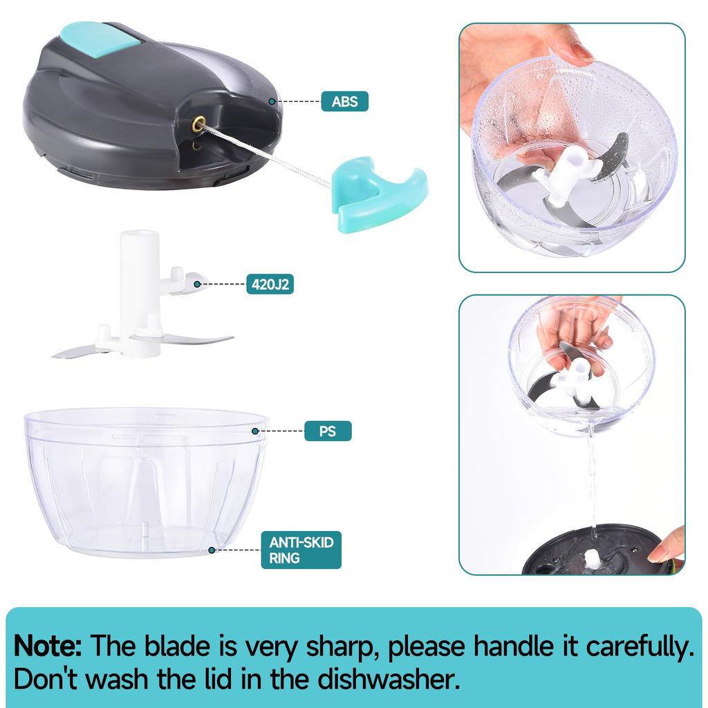 Ziweaye Manual Food Processor Vegetable Chopper, Portable Hand Pull String Garlic Mincer Onion Cutter for Veggies, Ginger, Fruits, Nuts, Herbs, etc., 500ml,（Gray-blue）