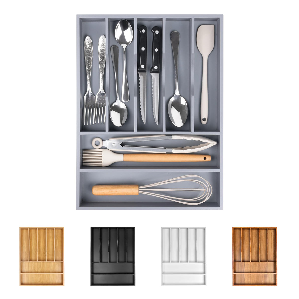 Bellsal Large Premium Acacia Wood Silverware Organizer - Expandable Utensil Drawer Organizer - 17"x19.6" Utensil Holder and Cutlery Tray with Grooved for Kitchen Flatware Utensils(7-9 Slot, Acacia)