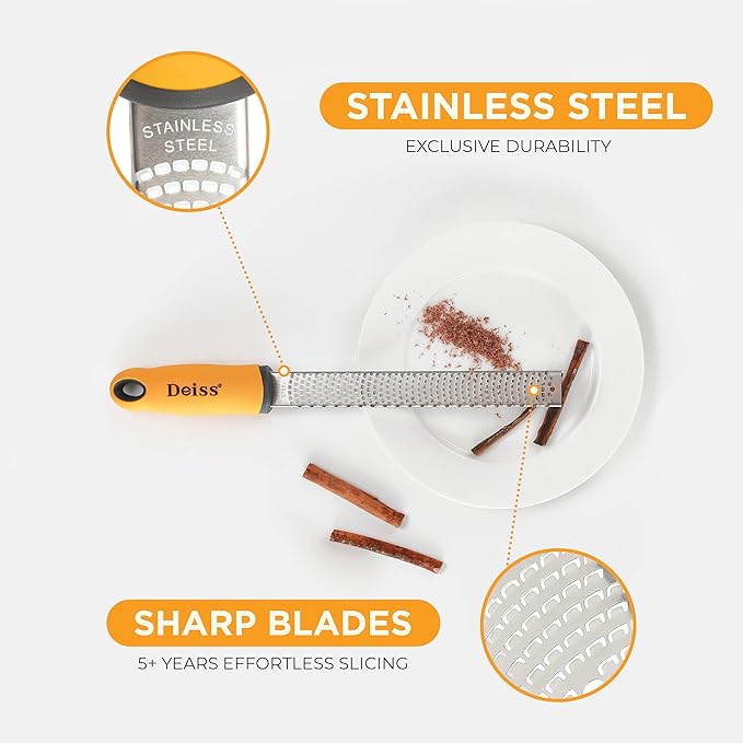 Deiss PRO Citrus Zester & Cheese Grater — Parmesan Cheese Lemon, Ginger, Garlic, Nutmeg, Chocolate, Vegetables, Fruits - Razor-Sharp Stainless Steel Blade, Wide, Dishwasher Safe