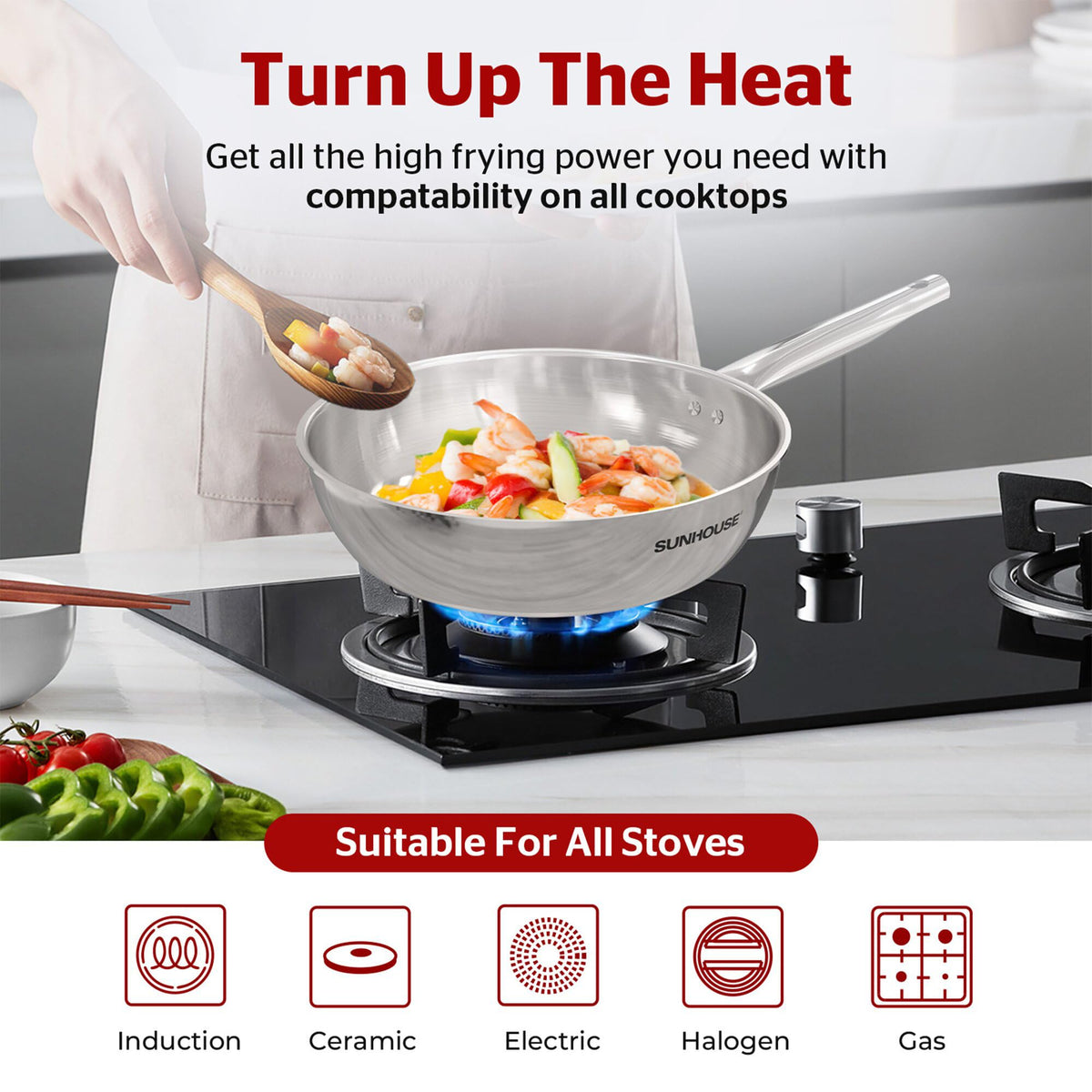 Sunhouse 10 Inch Tri-Ply Stainless Steel Frying Pan, Nonstick Cooking Pans