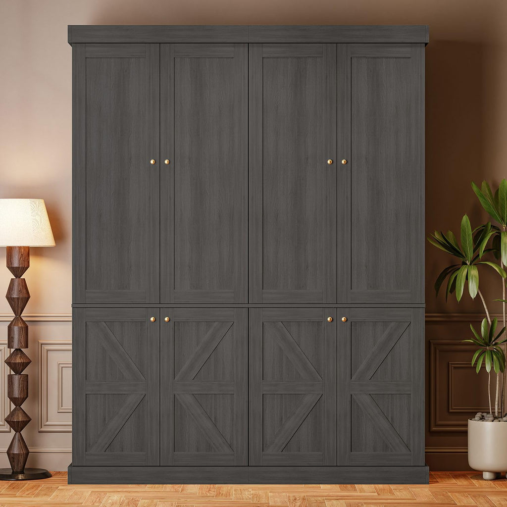 ivaniti 70.8" Tall Bookshelf with Doors, Farmhouse Modular Bookcase with 4-Tier Adjustable Shelves, Large Storage Cabinet for Home Office, Living Room, Brown, Set of 2