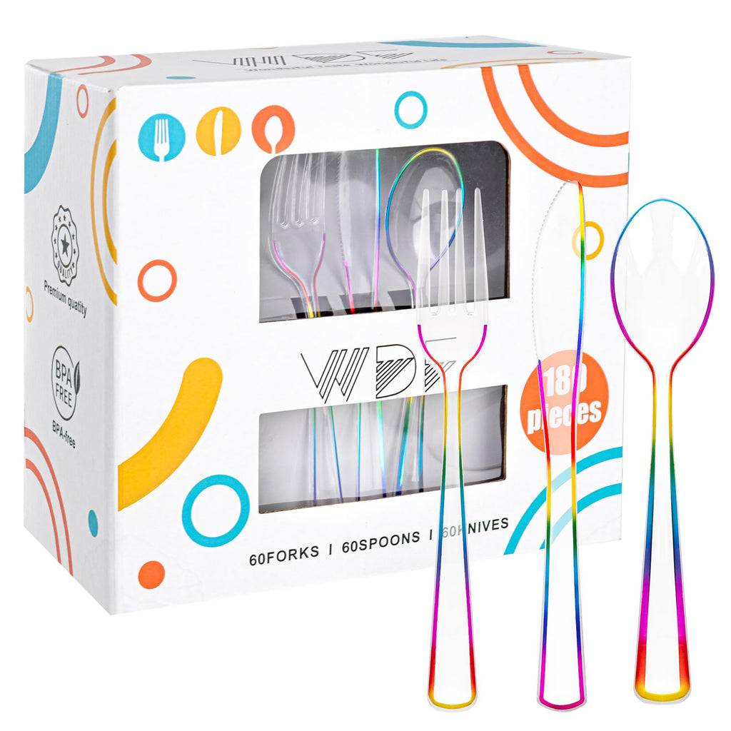 WDF 180PCS Blue Plastic Silverware -Blue and Gold Plastic Cutlery 60 Forks, 60 Knives, 60 Spoons - Heavy Duty Disposable Silverware for Party/Wedding/Birthday