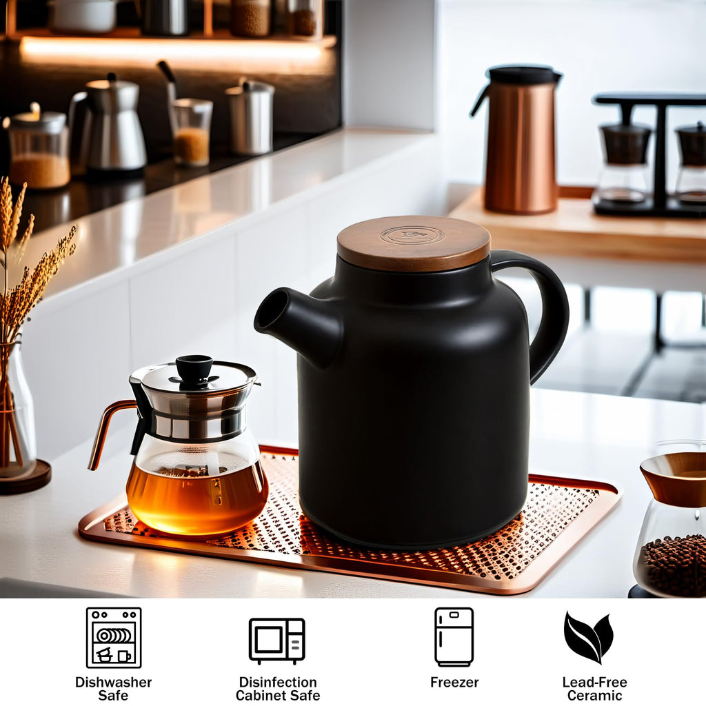 Yundu 1500ml / 50 oz Ceramic Teapot with Infuser & Wood Lid - Matte Black, Loose Leaf Tea Pot with Removable Strainer, Large Capacity