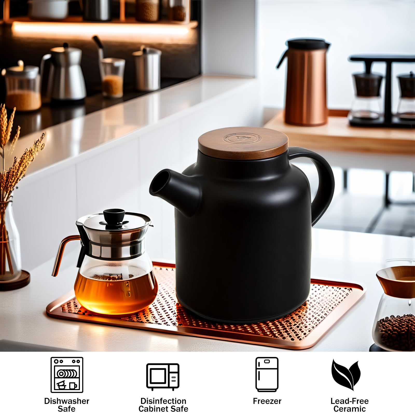 Yundu 1500ml / 50 oz Ceramic Teapot with Infuser & Wood Lid - Matte Black, Loose Leaf Tea Pot with Removable Strainer, Large Capacity