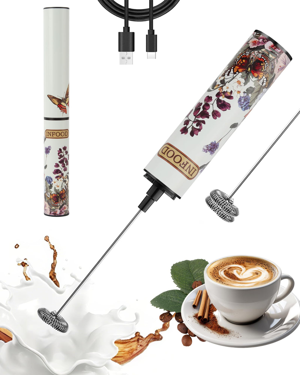 INFOOD Rechargeable Milk Frother with Cover, 2-Speed, 2 Whisks, Floral