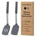 NAMAPRODX Silicone Spatula Set (2-Pc) - 600°F Heat Resistant, BPA Free, Non-Scratch, Dishwasher Safe I Slotted & Solid Kitchen Spatula Turners I Ideal for Eggs, Pancakes, Fish I Stainless Steel I Gray
