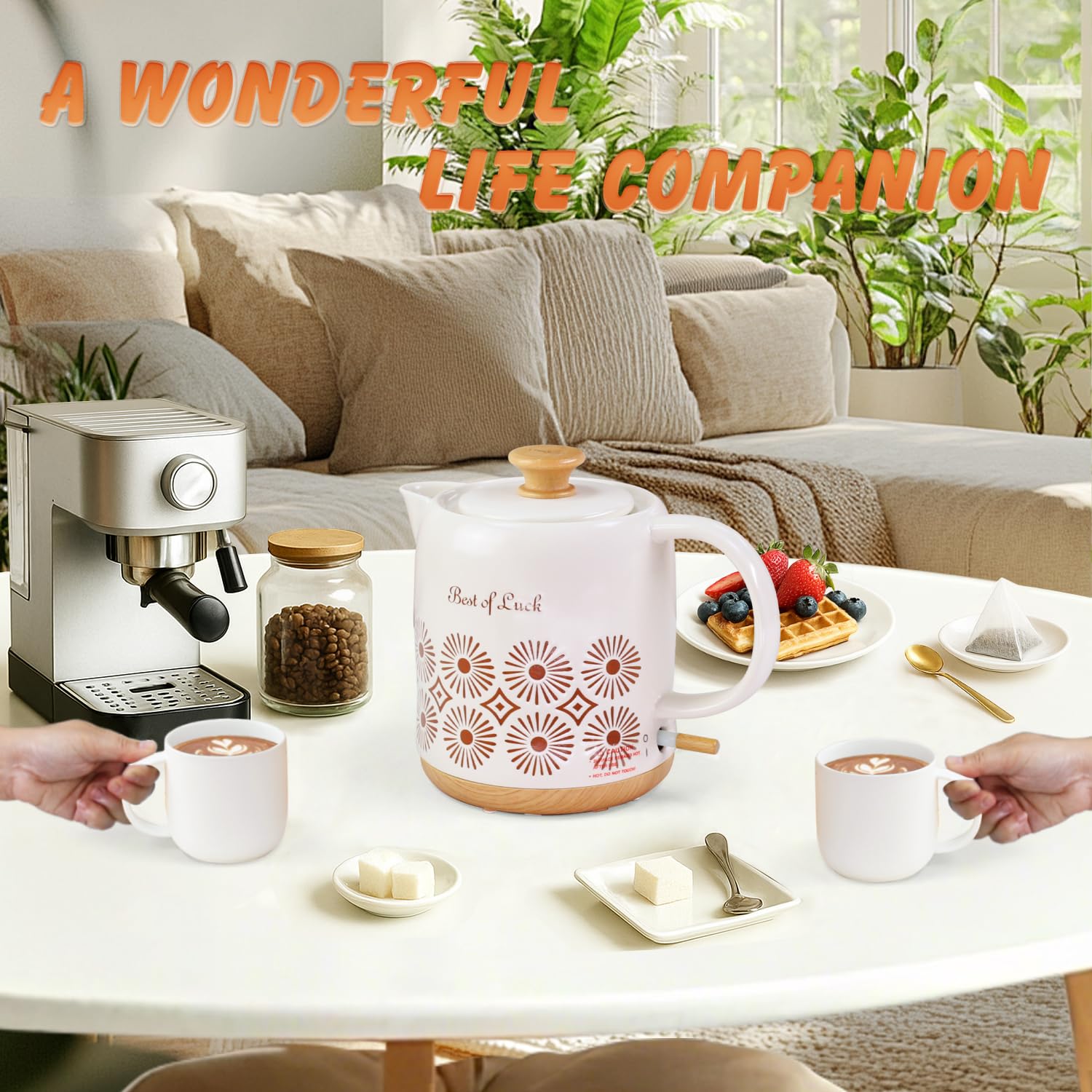 LONGSEED 1 Quart Ceramic Electric Kettle, 1000W Fast Boil Retro Tea Pot with Auto Shut-Off & Boil-Dry Protection, Floral Porcelain Hot Water Boiler with LED Light for Home & Kitchen