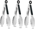 Anaeat 3 Pack 7" Mini Stainless Steel Cooking Tongs - Sturdy Coiled Spring Locking Kitchen Food Tong with Non-Slip Silicone Grip for Serving, Cooking, Baking - Heat Resistant up to 480°F (Black)