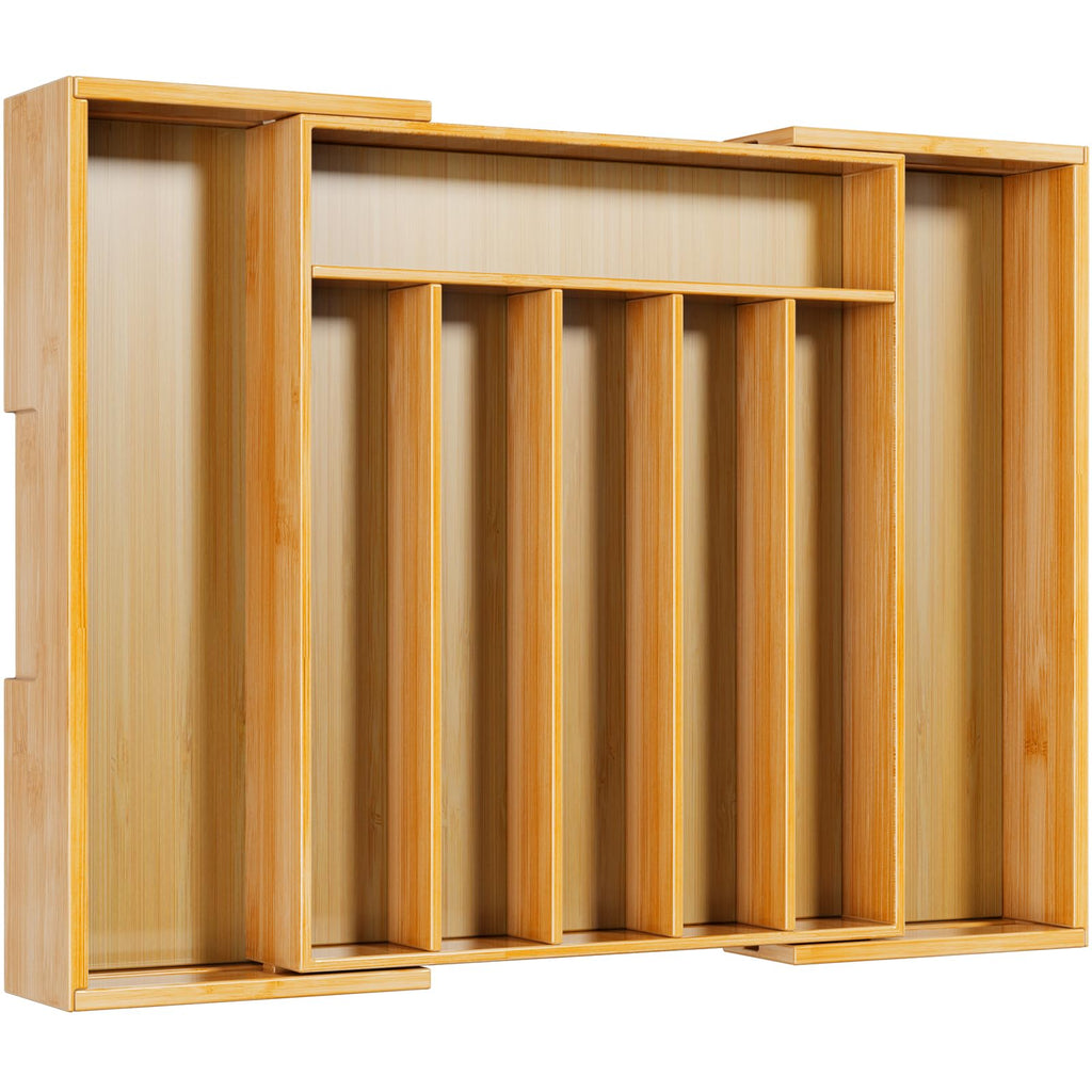 Kitsure Large Bamboo Silverware Organizer - Expandable Drawer Organizer for Utensil, Cutlery and Flatware, Kitchen Storage Solution with 6 to 8 Slots, Natural, 19.4" × 13.1" × 1.8"