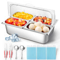 Tijvzk Stainless Steel Ice Food Serving Display Container 6 Pans 3 Ice Packs Cooled Condiment Dispenser Cold Serving Appetizer Buffet Organizer (4 Pans)